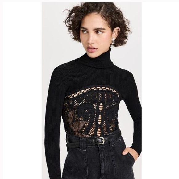 NWT SEA NEW YORK Liesel Embroidered Combo Long Sleeve Turtleneck Top Black - Picture 1 of 9